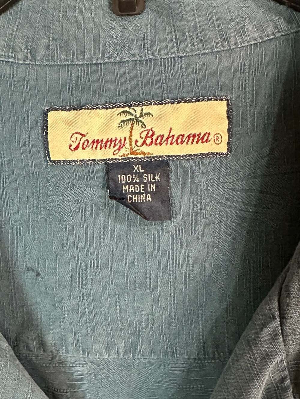 Tommy Bahama Men's XL Teal Blue 100% Silk Jacquard Palm Tree Camp Shirt
